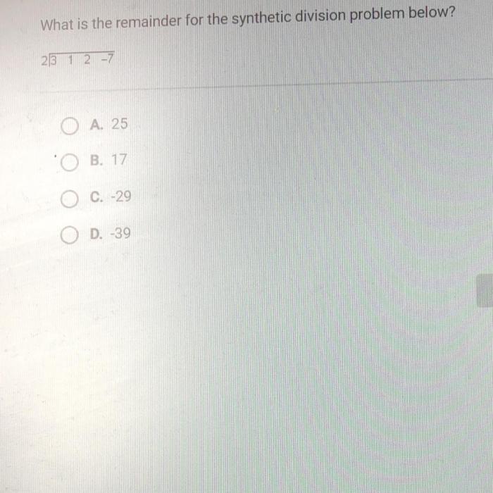 Remainder synthetic division problem below