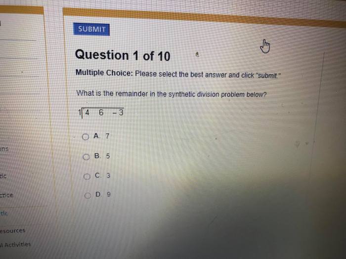 What is the remainder in the synthetic division problem below